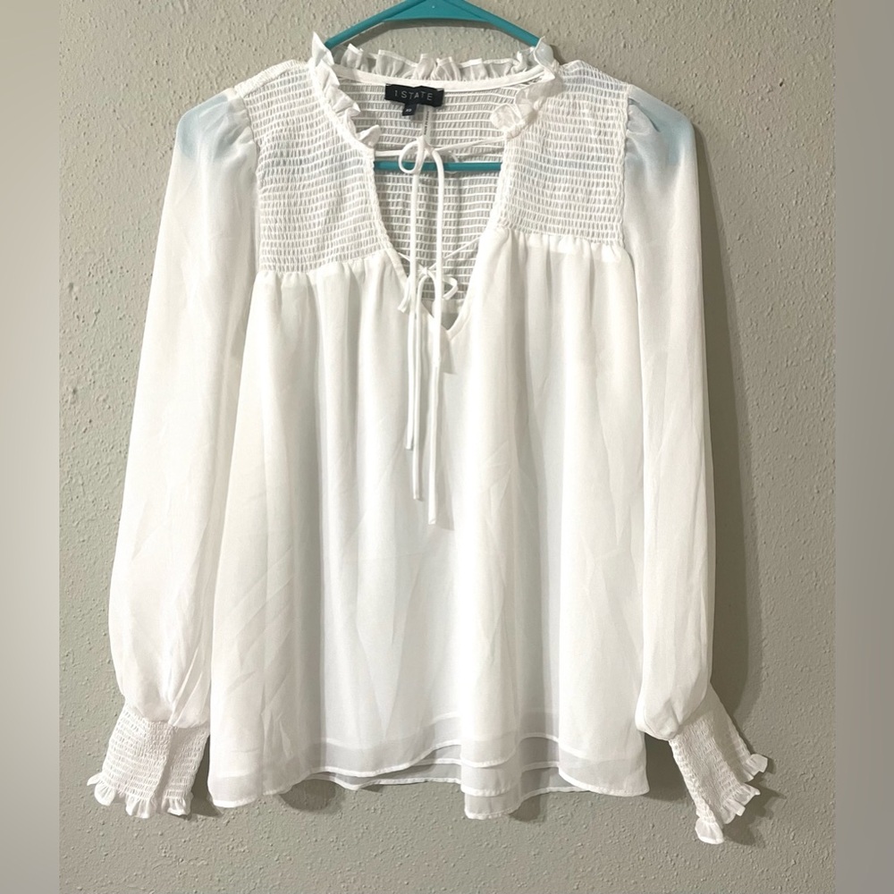 1. State Cream Long Sleeve Ruffled Blouse